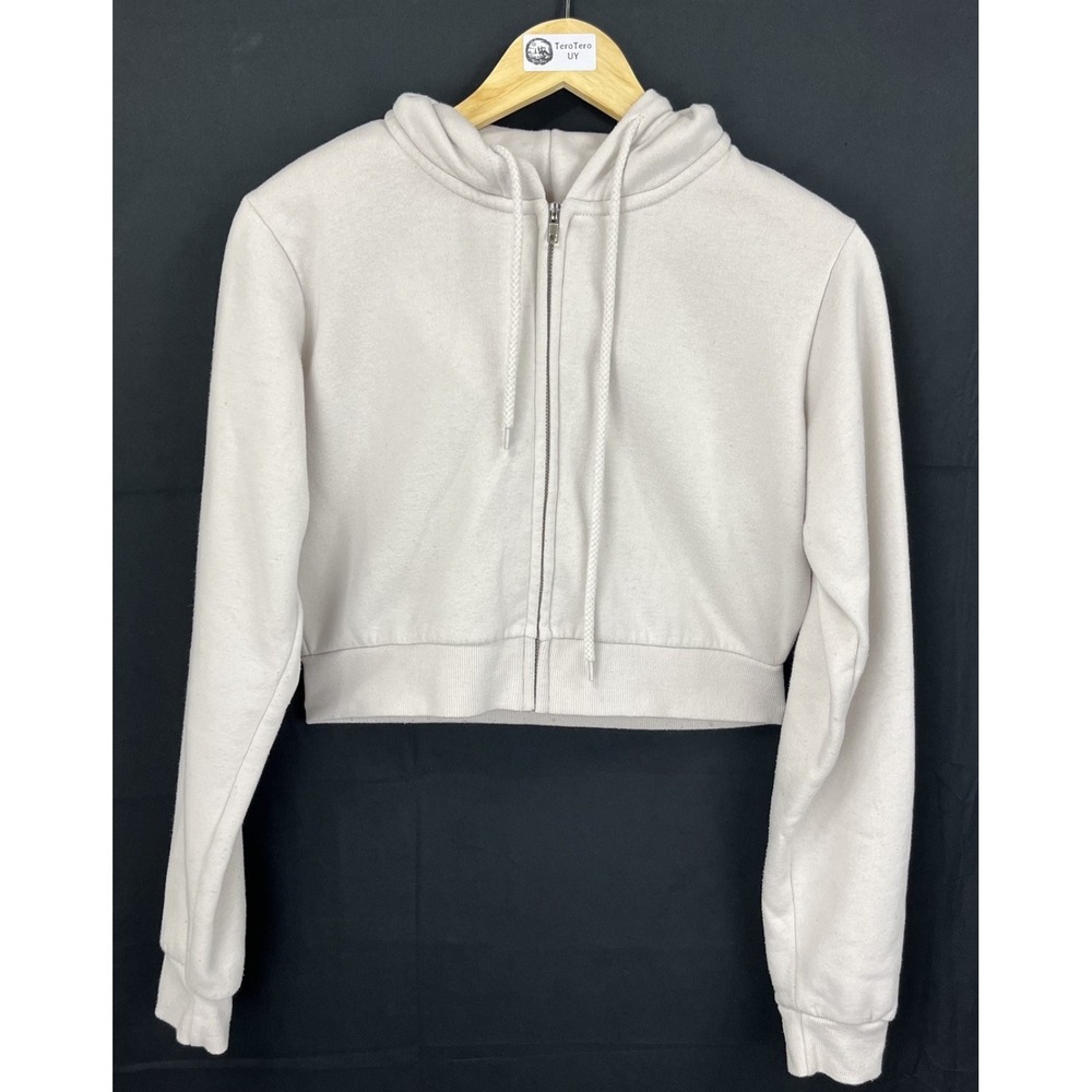 Reflex Women's Tan Beige Cropped Zip Up Hoodie Fleece Sweatshirt Casual Size M